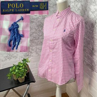 ポロラルフローレン(POLO RALPH LAUREN)のラルフローレン レディース M 長袖シャツ ピンク/白 ポニー刺繍ロゴ 古着(シャツ/ブラウス(長袖/七分))