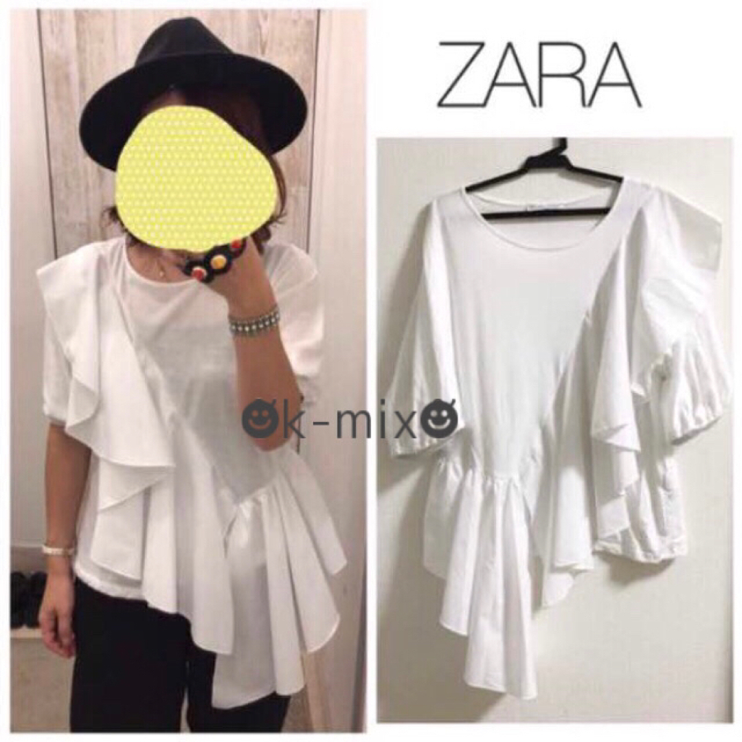 ZARA(ザラ)の美品 ZARA ザラ フリルドレープ 半袖Tシャツ 白  レディースのトップス(Tシャツ(半袖/袖なし))の商品写真