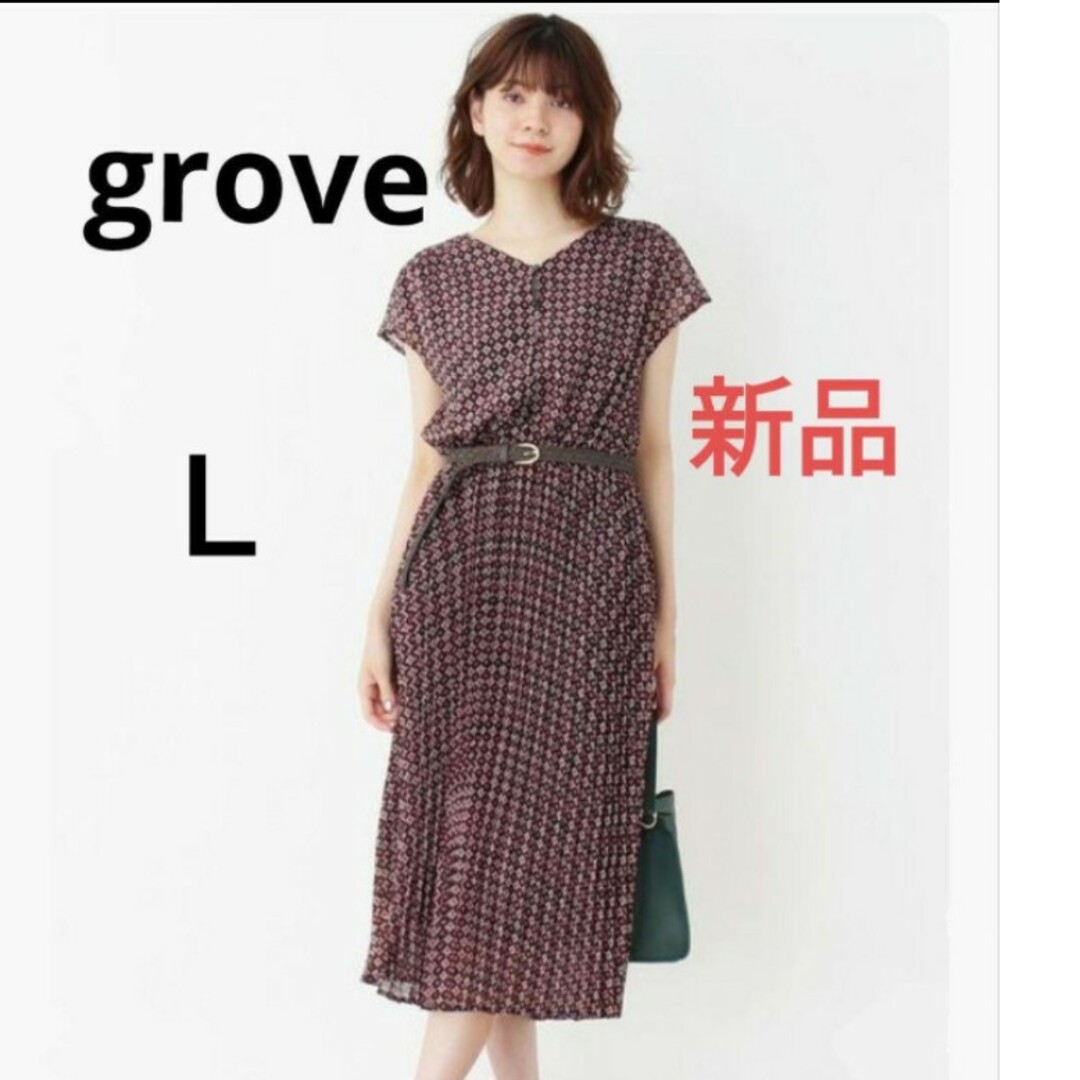 grove(グローブ)の新品未使用！タグ付き grove プリーツスカート小紋柄ワンピース  Ｌ レディースのワンピース(ロングワンピース/マキシワンピース)の商品写真