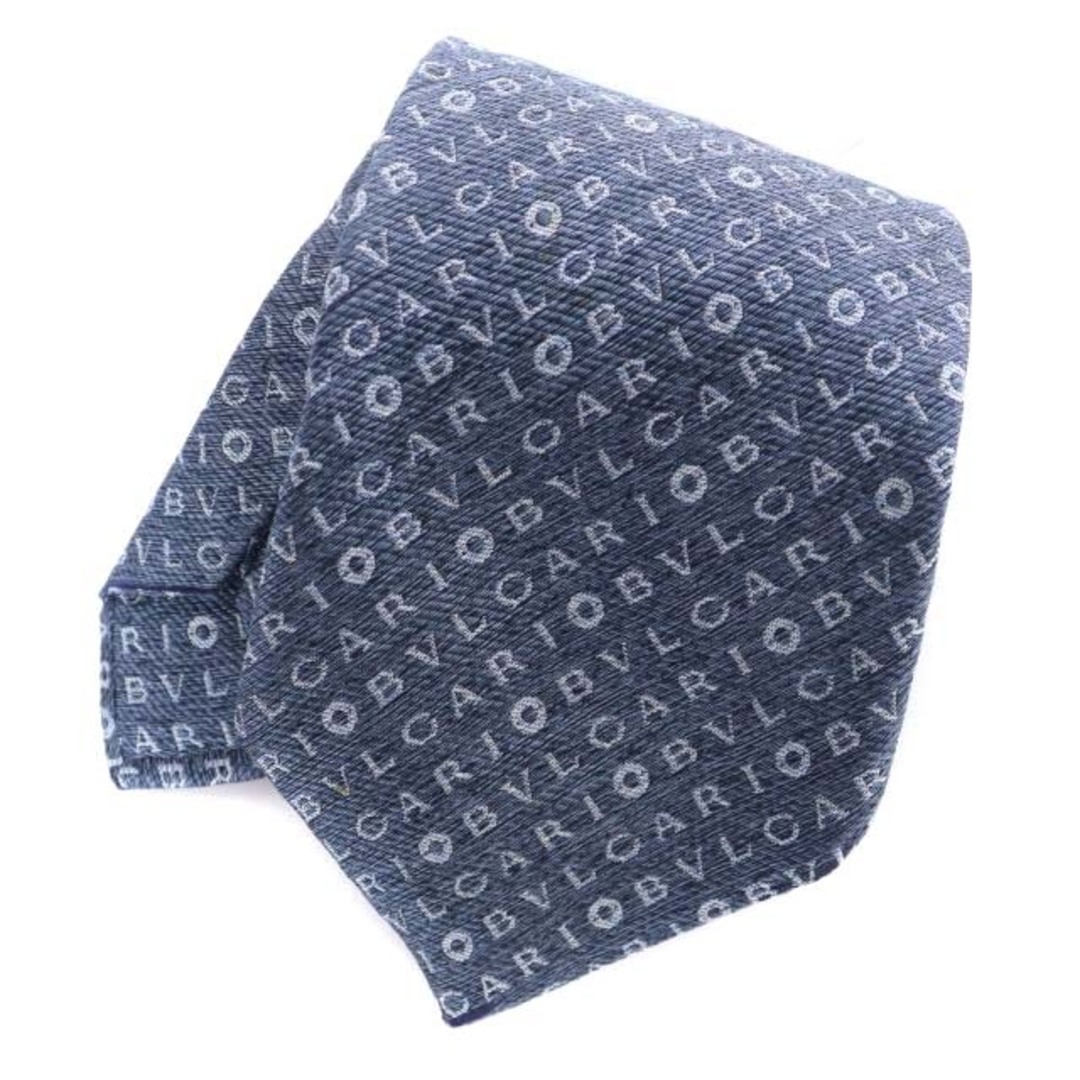 ブルガリ ネクタイ 紺 ロゴ総柄 セッテピエゲ絹シルク100% - ネクタイ