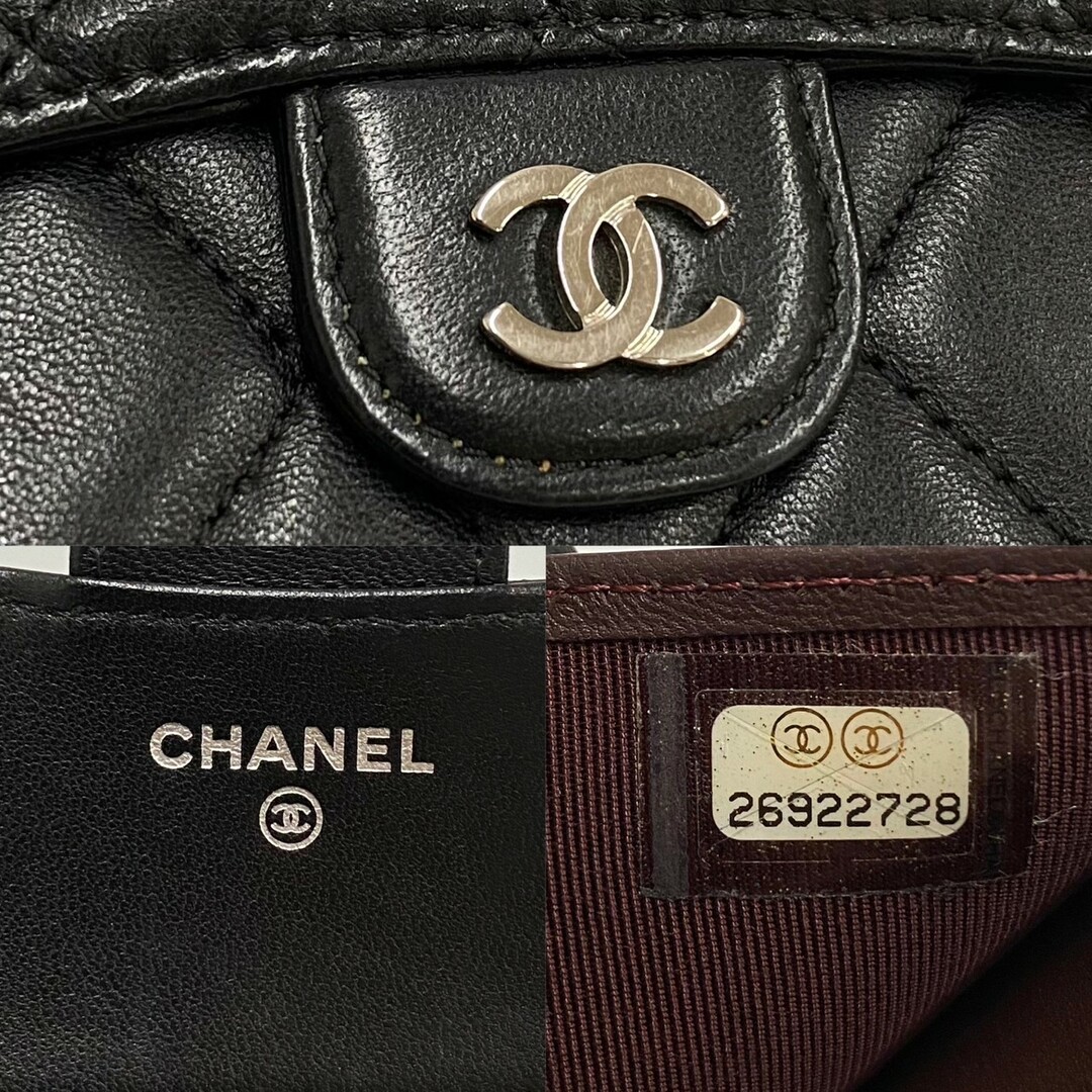 極 美品 シール有 26番台 CHANEL シャネル マトラッセ ラムスキン レザー 本革 ココ 二つ折り財布 ミニ ウォレット ブラック 16821