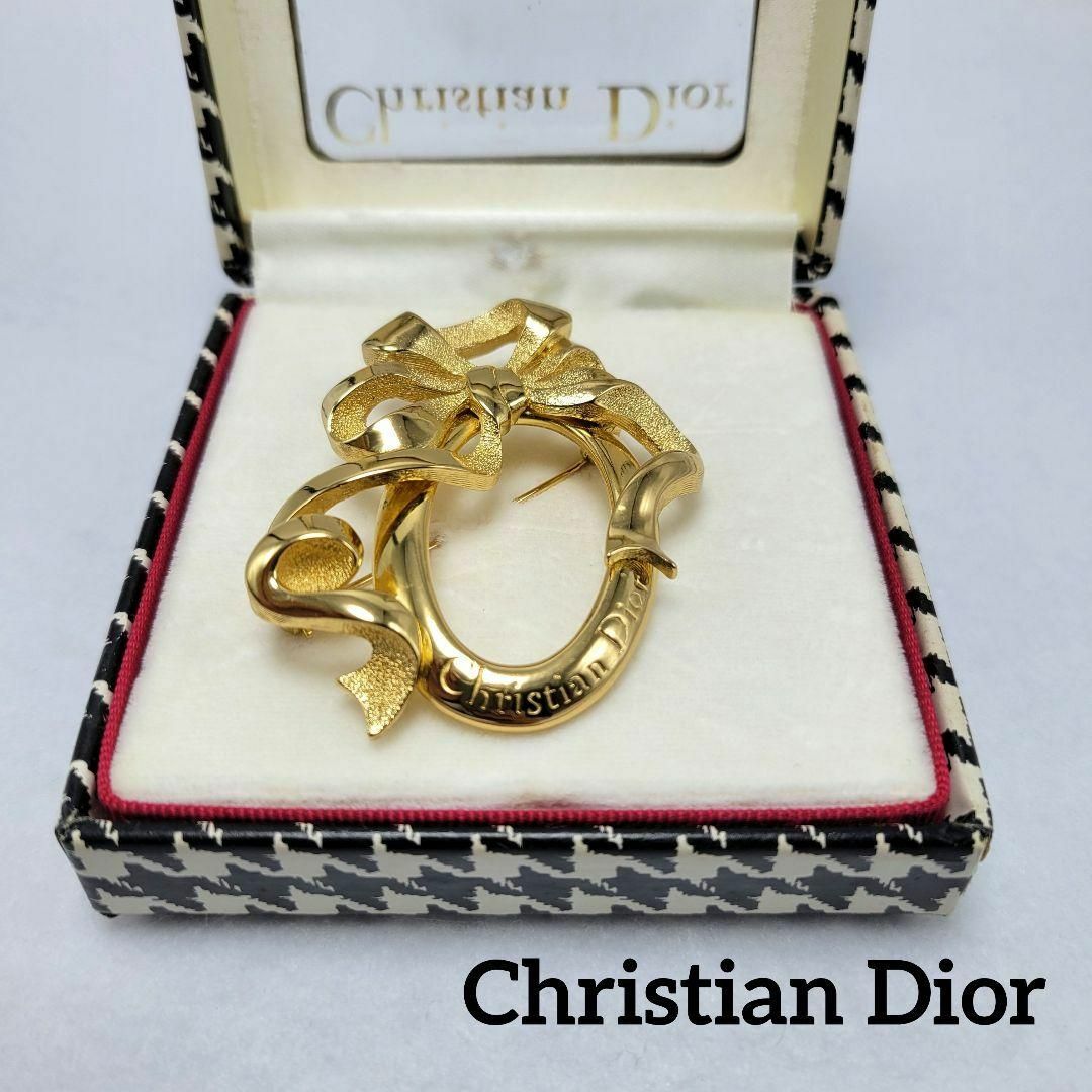 レディース【極美品】Christian Dior ブローチ オーバル リボン ゴールド