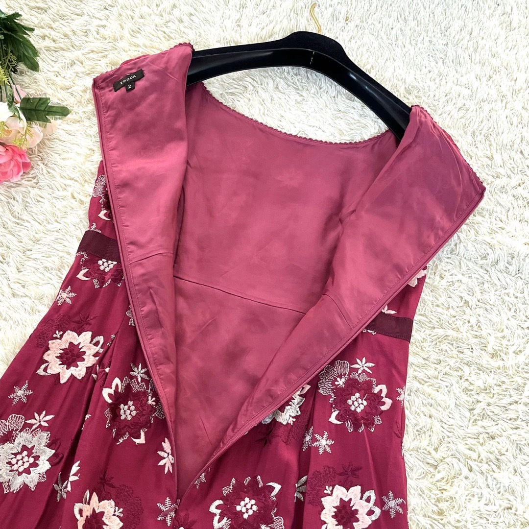 【美品クリーニング済】トッカ 花柄刺繍ワンピース ハイウエストリボン ボルドー2 8