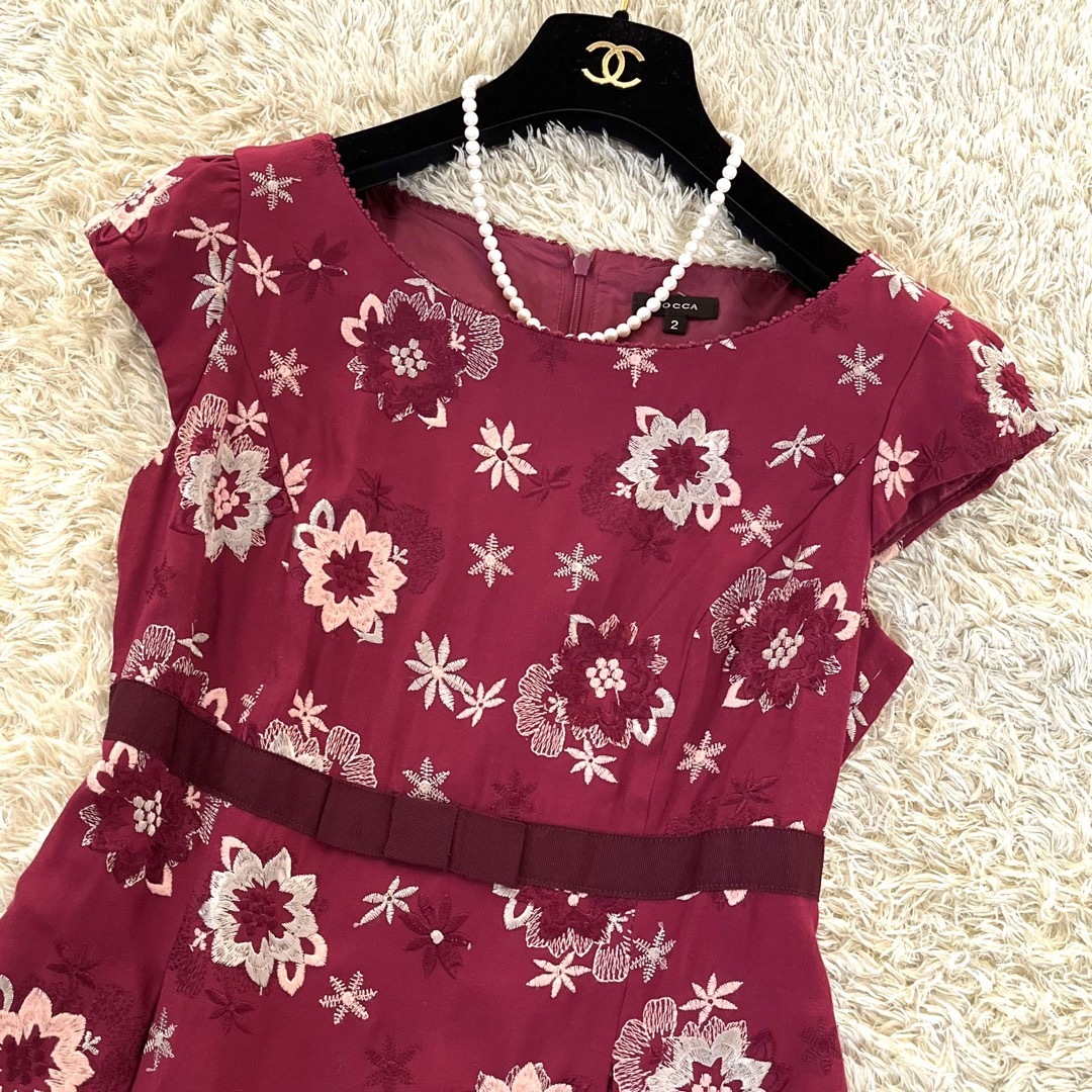 【美品クリーニング済】トッカ 花柄刺繍ワンピース ハイウエストリボン ボルドー2 3