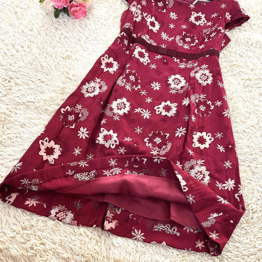 【美品クリーニング済】トッカ 花柄刺繍ワンピース ハイウエストリボン ボルドー2 6