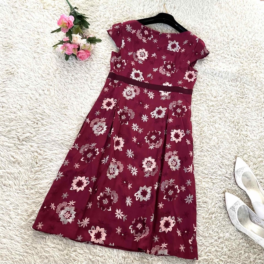 【美品クリーニング済】トッカ 花柄刺繍ワンピース ハイウエストリボン ボルドー2 7