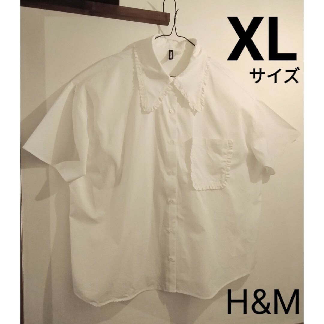 H&M(エイチアンドエム)のH&M エイチアンドエム XLサイズ フリルカラーブラウス 半袖 大きいサイズ レディースのトップス(シャツ/ブラウス(半袖/袖なし))の商品写真