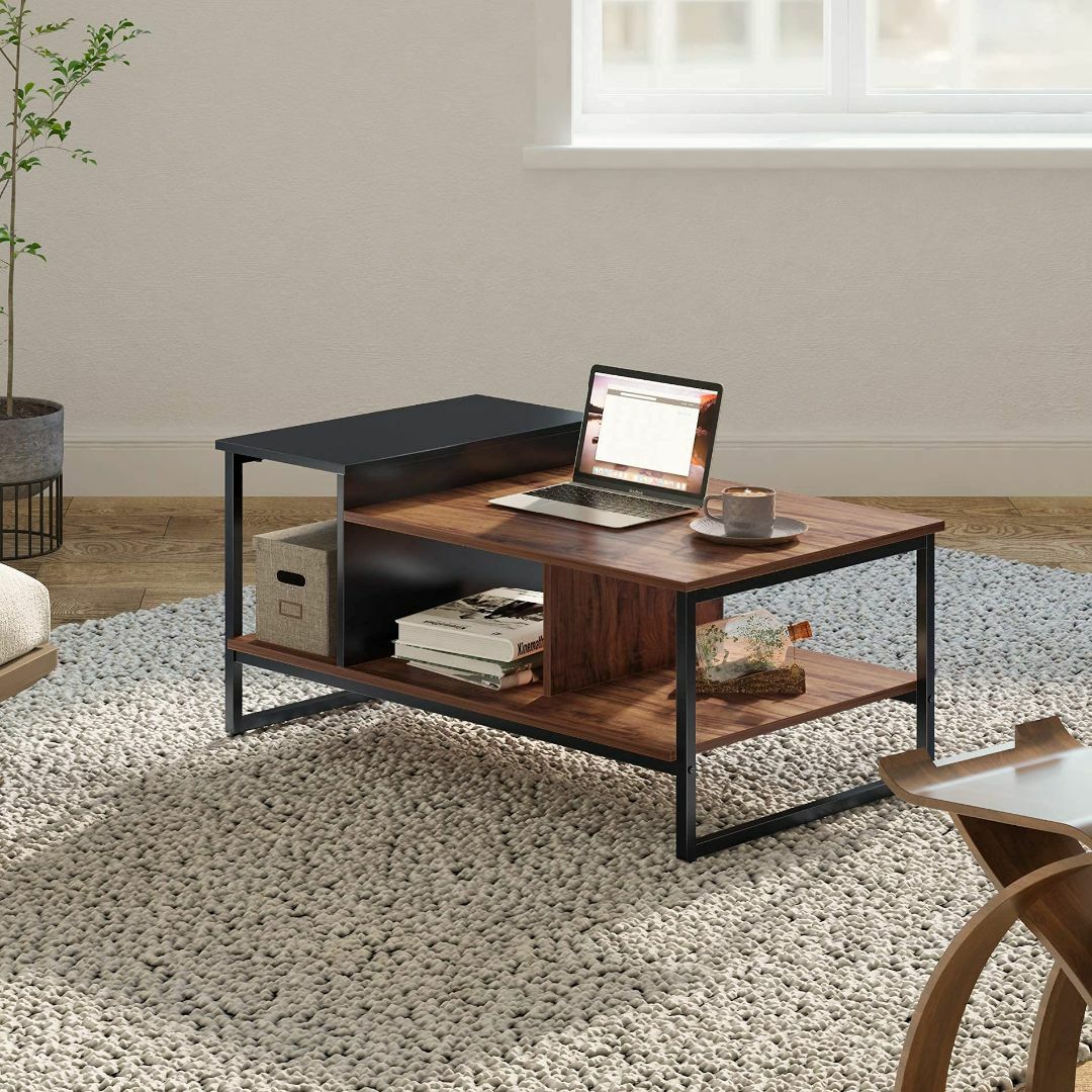 WAMPATローテーブル センターテーブル 正方形 木制 コーヒーテーブル ちゃぶ台 座卓 コンパクト収納 隠し収納スペース付き リビング用テーブル 幅80×奥行80cm×高さ33cm おしゃれ 大きめ ウォールナット
