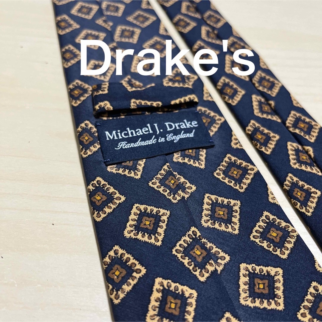 Drake's ドレイクス　ネイビー×ブラウン小紋　 ネクタイ　イングランド製