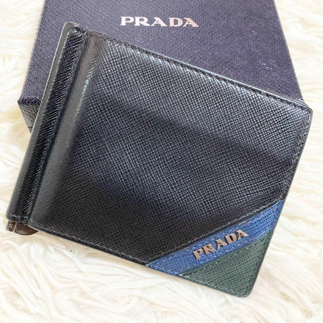 極美品】 PRADA マネークリップ メタルロゴ サフィアーノ ストライプ