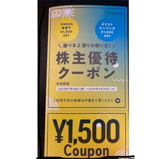 ハミィ(Hamee)のHamee 株主優待クーポン  1500円分 (ショッピング)