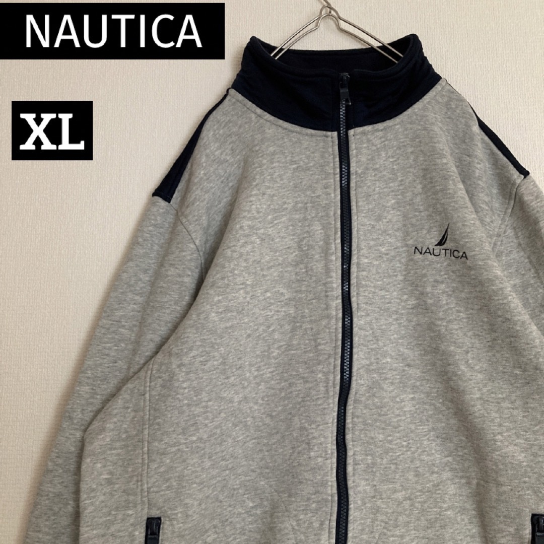 NAUTICA(ノーティカ)のノーティカプルジップスウェットバイカラーグレーxネイビー ワンポイントロゴXL メンズのトップス(スウェット)の商品写真