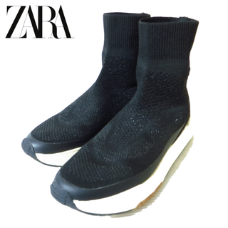 ザラ(ZARA)の美品 ZARA ザラ ハイカット ニットスニーカー 36 約23㎝ ブラック 黒(スニーカー)