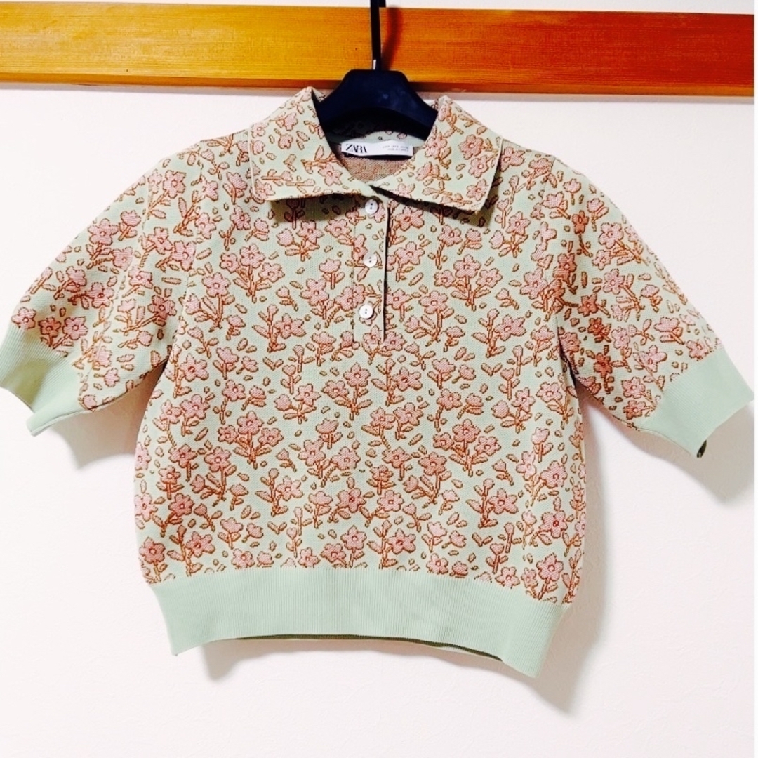 ZARA - 美品!ZARA 半袖ポロシャツ 花柄ミントグリーンの通販 by ZARA - 美品!ZARA 半袖ポロシャツ 花柄ミントグリーンの通販 by