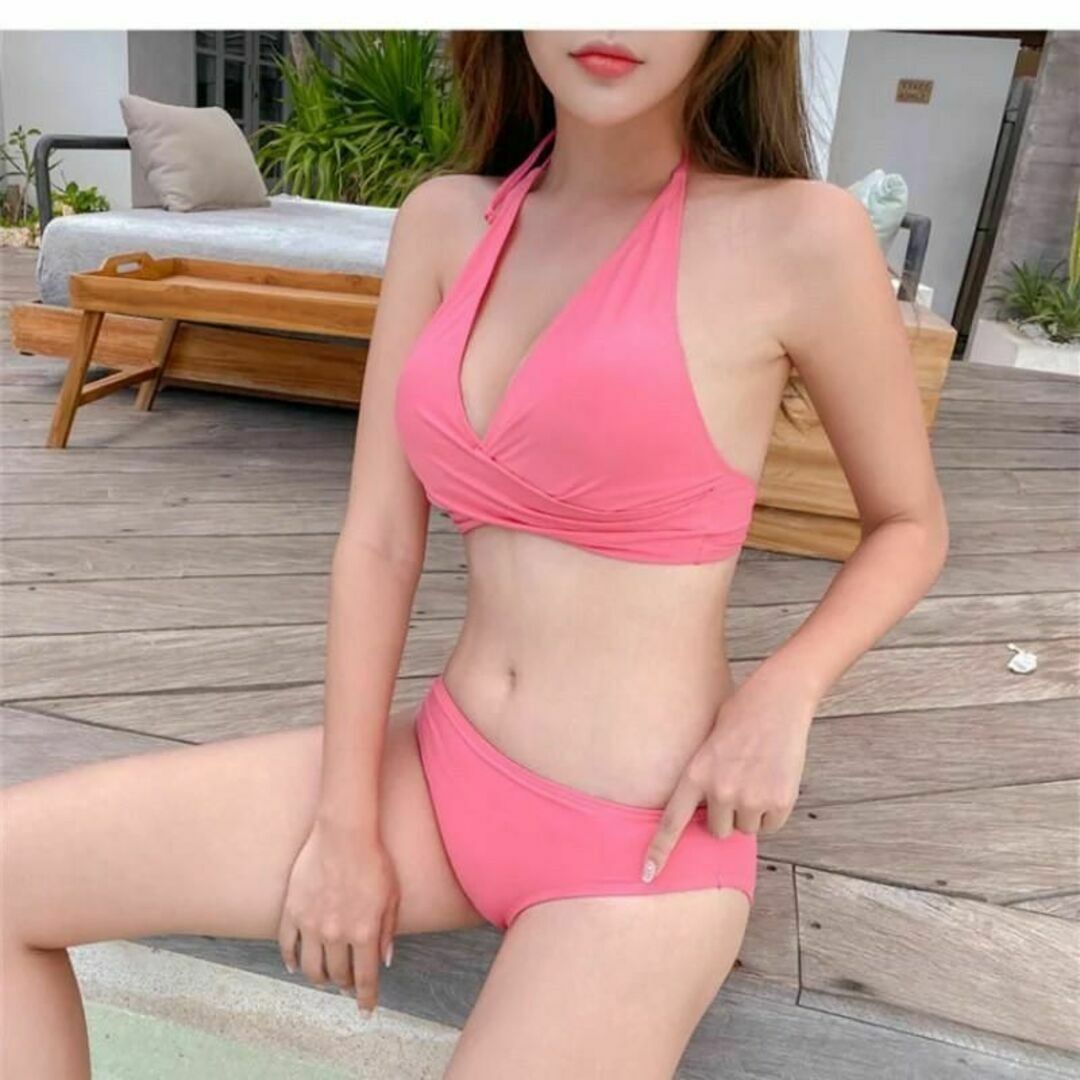 水着 ビキニ ホルターネック 盛れる 韓国 シンプル ピンク M パット付き レディースの水着/浴衣(水着)の商品写真