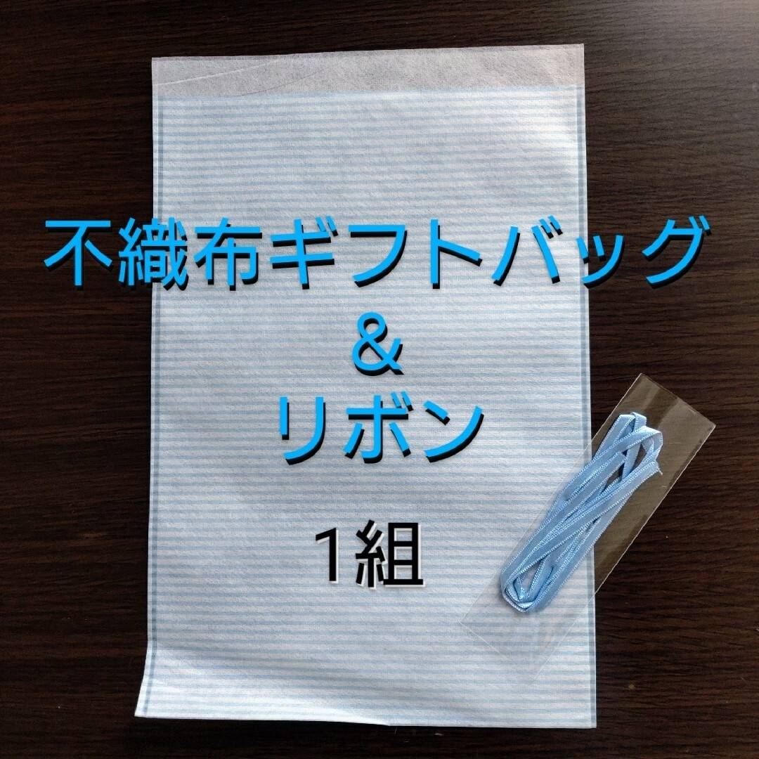 DAISO(ダイソー)の【訳あり】DAISO 2枚重ね不織布ギフトバッグ＆リボン ブルー 横縞 1組 インテリア/住まい/日用品のオフィス用品(ラッピング/包装)の商品写真