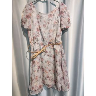 ウィルセレクション(WILLSELECTION)のウィルセレクション　ウエストベルト付き花柄シフォンワンピース　グレー　ピンク(ロングワンピース/マキシワンピース)