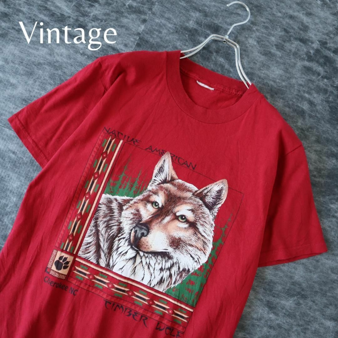 ART VINTAGE(アートヴィンテージ)の【vintage】Cherokee ウルフ 狼 アニマル プリント Tシャツ 赤 メンズのトップス(Tシャツ/カットソー(半袖/袖なし))の商品写真