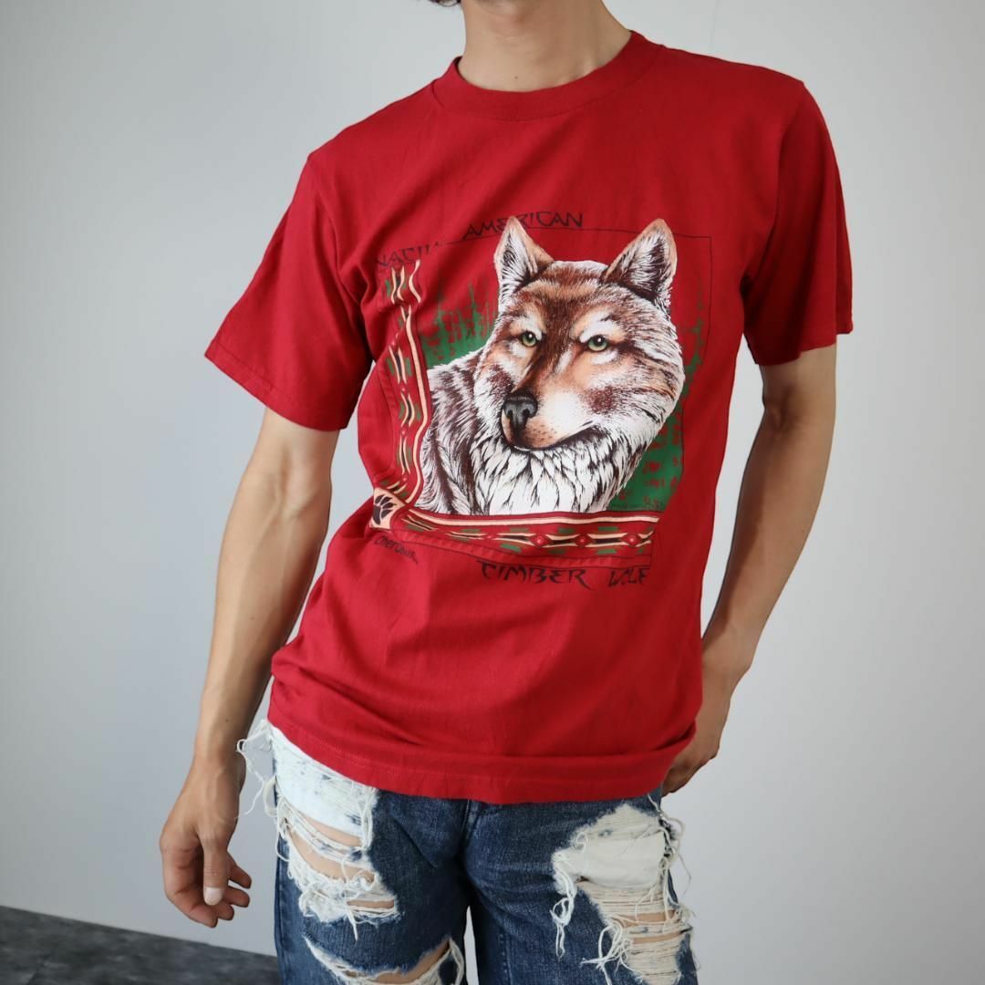 ART VINTAGE(アートヴィンテージ)の【vintage】Cherokee ウルフ 狼 アニマル プリント Tシャツ 赤 メンズのトップス(Tシャツ/カットソー(半袖/袖なし))の商品写真