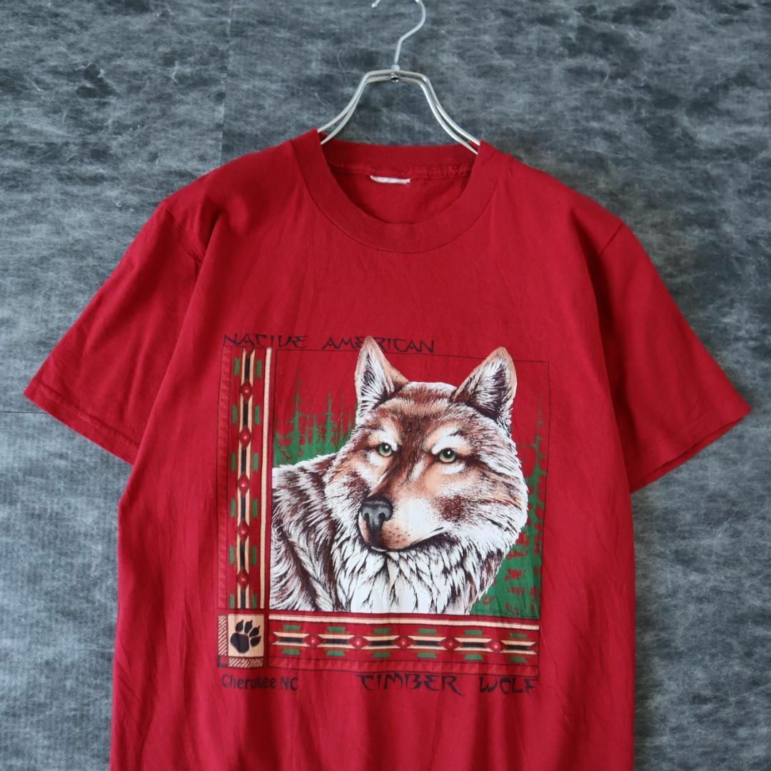 ART VINTAGE(アートヴィンテージ)の【vintage】Cherokee ウルフ 狼 アニマル プリント Tシャツ 赤 メンズのトップス(Tシャツ/カットソー(半袖/袖なし))の商品写真