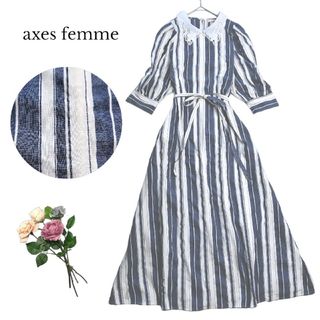 アクシーズファム(axes femme)の良品 axes femme ストライプ ロングワンピース M 麻混 Aライン(ロングワンピース/マキシワンピース)