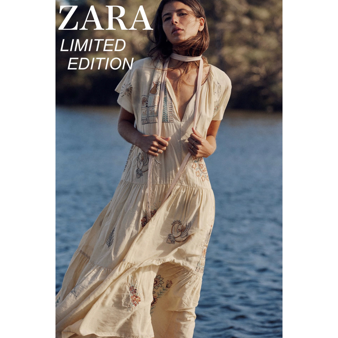 ZARA エンブロイダリー リネンブレンド ワンピース LIMITED サンド