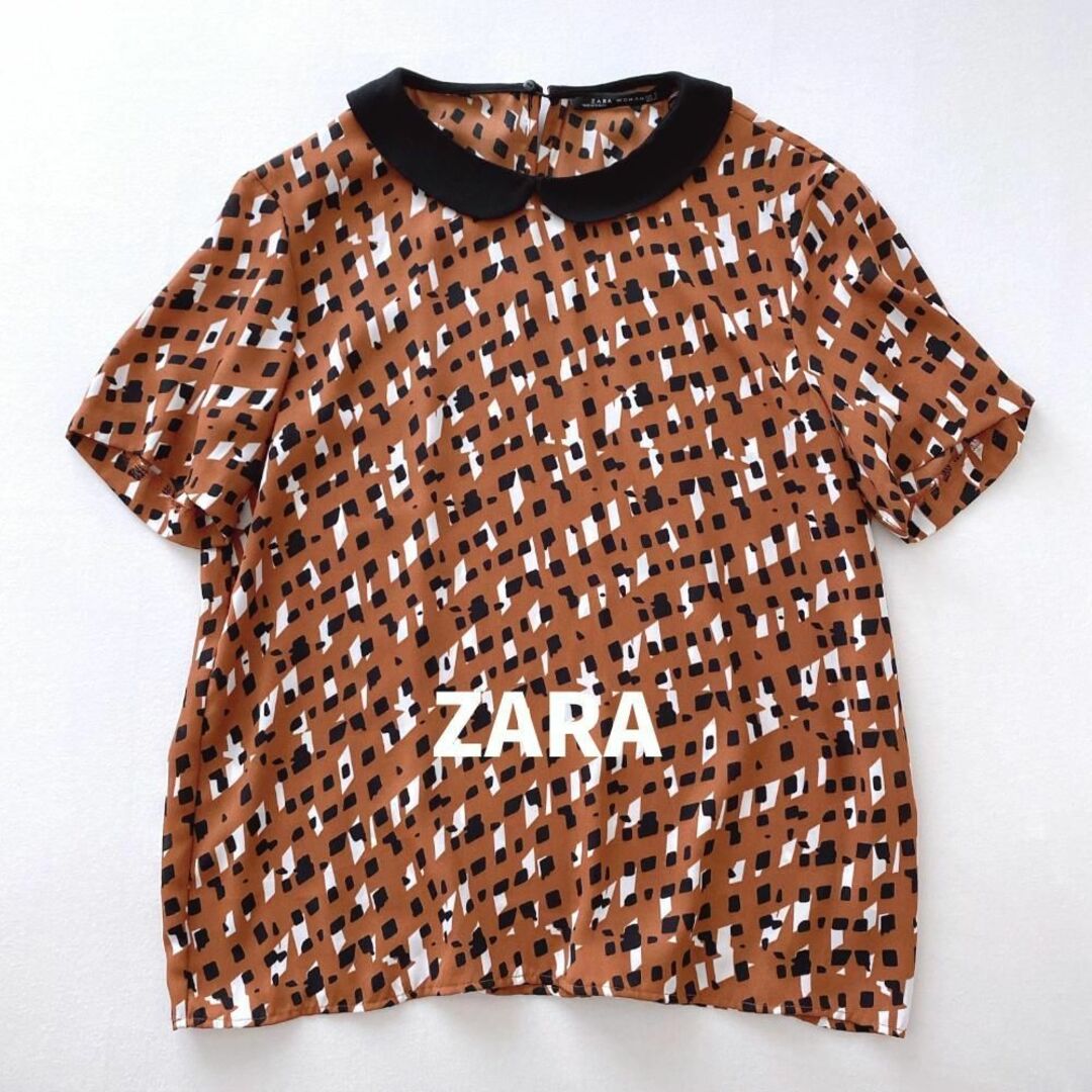 ZARA(ザラ)のザラウーマン　丸襟プリントプルオーバーブラウス　薄手　半袖　ブラウン　S レディースのトップス(シャツ/ブラウス(半袖/袖なし))の商品写真