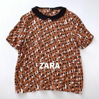 ザラ(ZARA)のザラウーマン　丸襟プリントプルオーバーブラウス　薄手　半袖　ブラウン　S(シャツ/ブラウス(半袖/袖なし))