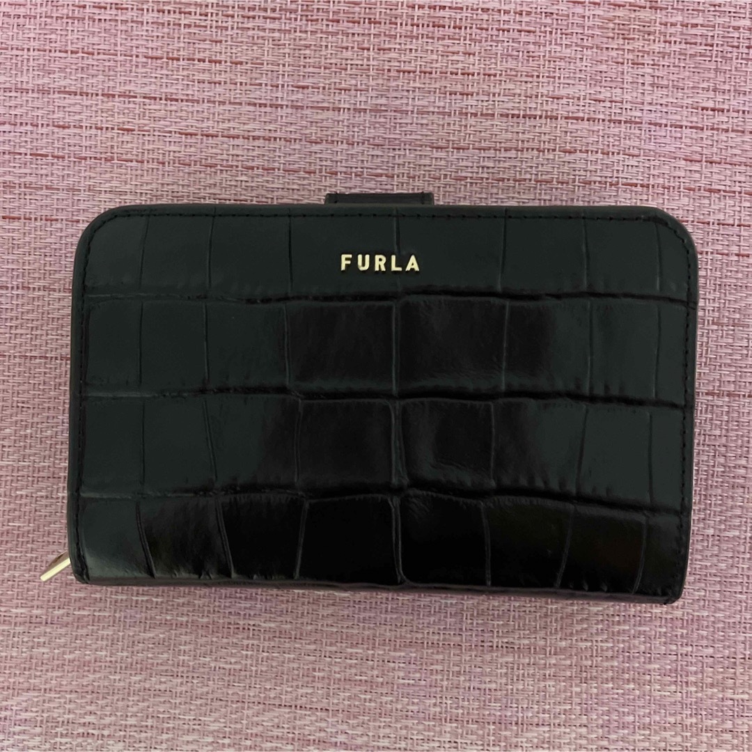 FURLA フルラ 二つ折り財布 黒色 クロコ型押し