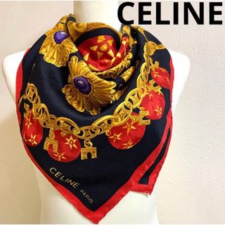 【極美品】CELINE 最高級 SILK 大判 スカーフ トリンオフ 装飾柄