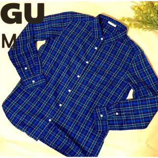 ジーユー(GU)の【美品】GU チェックシャツ M ブルー青(シャツ/ブラウス(長袖/七分))