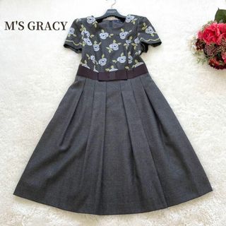 エムズグレイシー(M'S GRACY)の良品✨M'S GRACY 秋ワンピース　花柄　薔薇　半袖　ドッキング　40 L(ひざ丈ワンピース)