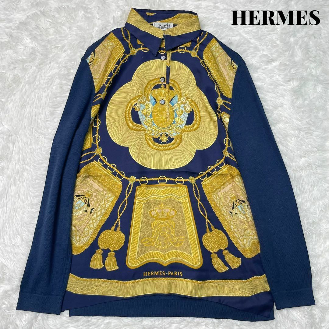 Hermes - 【美品】HERMES エルメス 総柄 ニット切替 シルク シャツ