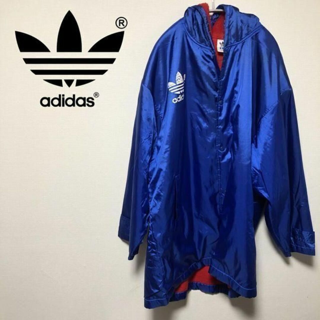 アディダス 80s-90s デサント製 ナイロン トレフォイル ベンチコート M 青 adidas スポーツ 裏ボア ヴィンテージ メンズ 【R220919】