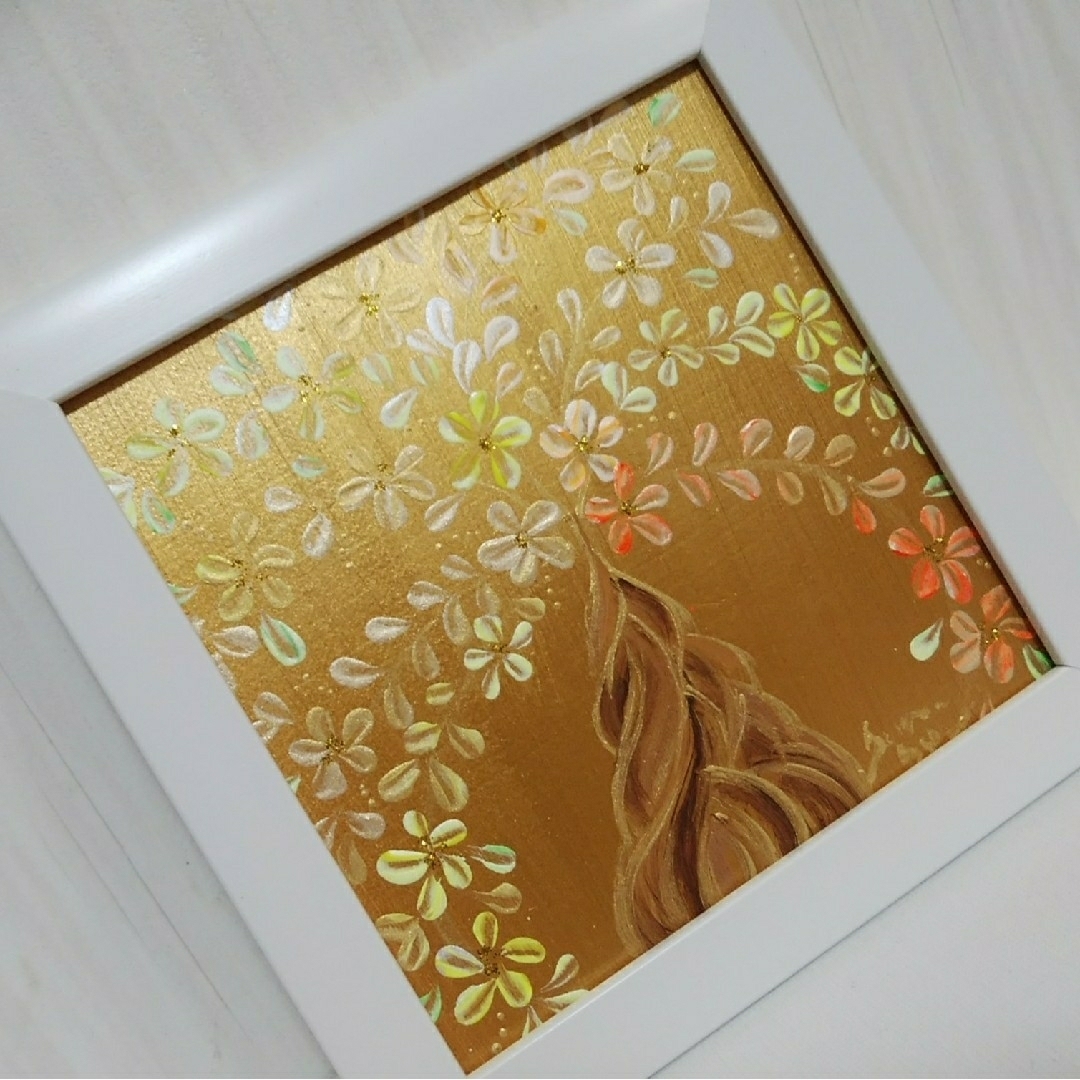 風水開運絵画　金運＊幸せの招財樹　 金のなる木  花　全体　金運　やる気　知性 ハンドメイドのインテリア/家具(アート/写真)の商品写真