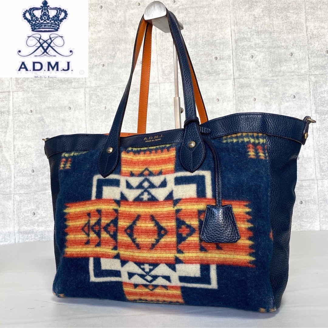 極美品】A.D.M.J ウール×レザー ネイビー ゴールド金具 トートバッグ-