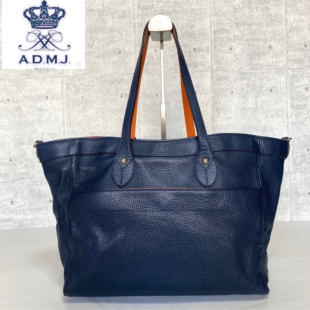 極美品】A.D.M.J ウール×レザー ネイビー ゴールド金具 トートバッグ