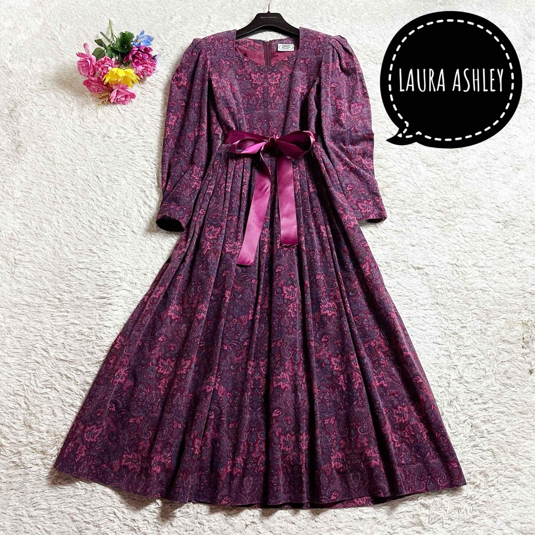 ヴィンテージꕤ ローラアシュレイ マキシ丈ワンピース 総柄 ボルドー