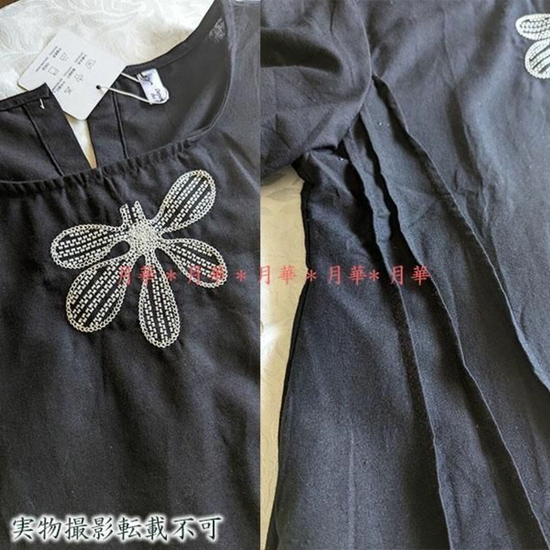 綿麻 花柄 刺繍 ワンピース 黒 3L 新品 即納 l946 半袖 大きいサイズ レディースのワンピース(ひざ丈ワンピース)の商品写真