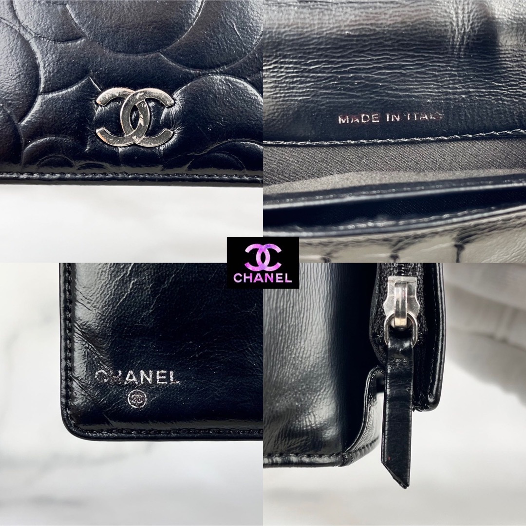 超極美品 CHANEL カメリア 二つ折り長財布  ラムスキン ブラック