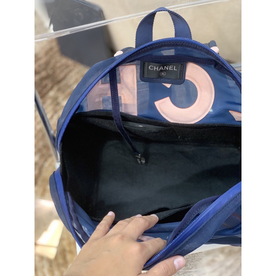 CHANEL - シャネル リュックサック メッシュネイビー/ピンク の CHANEL - シャネル リュックサック メッシュネイビー/ピンク の