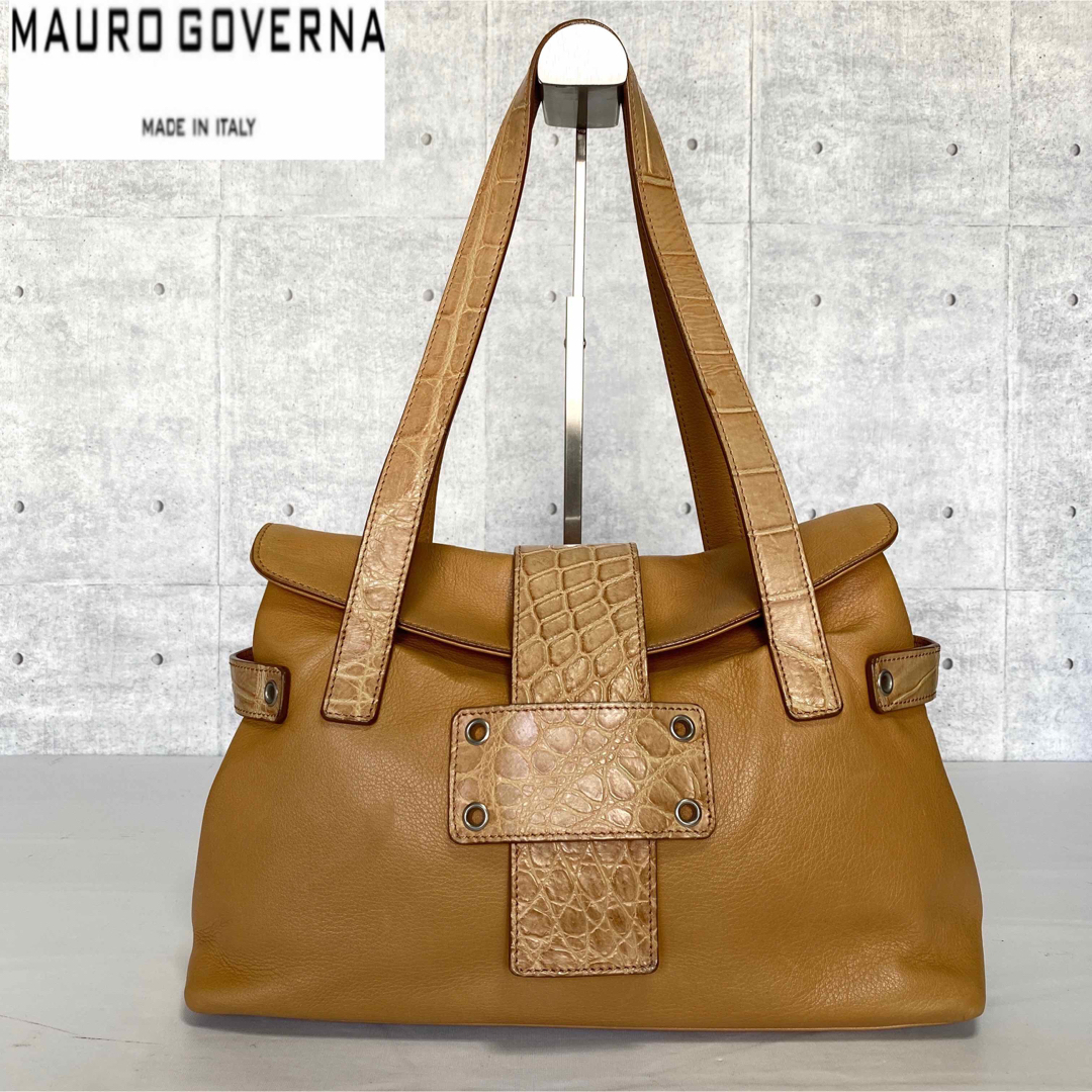 MAURO GOVERNA クロコダイル×レザー ベージュハンドバッグ 受注製作