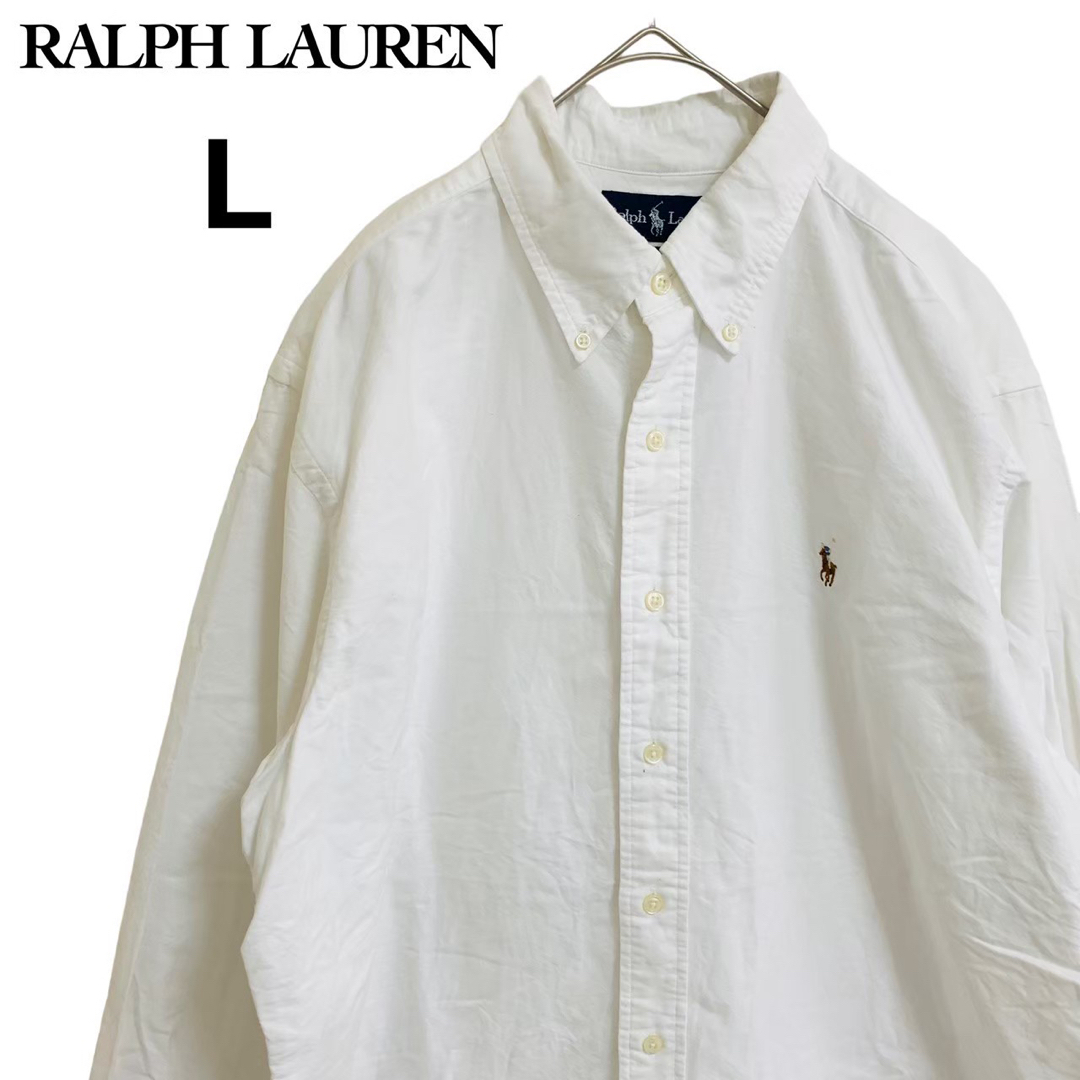 ６３cm着丈ラルフローレン 長袖シャツ ロゴ刺繍 ホワイト コットン Ｌ