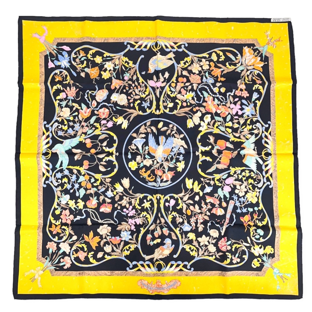 HERMES エルメス スカーフ カレ90 PIERRES d’ORIENT et d'OCCIDENT 東洋と西洋の石細工 大判 花 鳥 ファッションアイテム シルク ブラック 黒 マルチカラー レディース 美品【中古品】