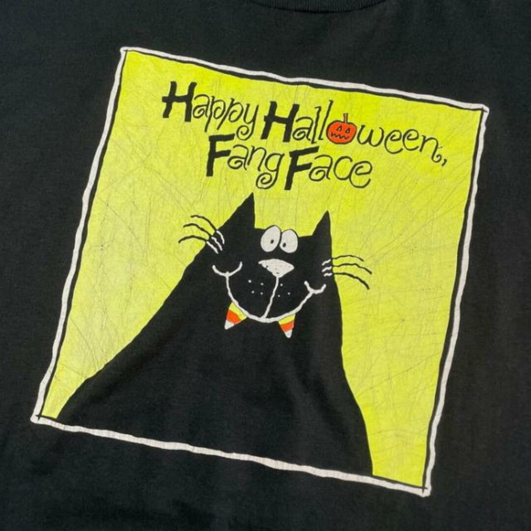 80年代 Happy Halloween Fang Face 黒猫 キャラクター プリントTシャツ メンズXL