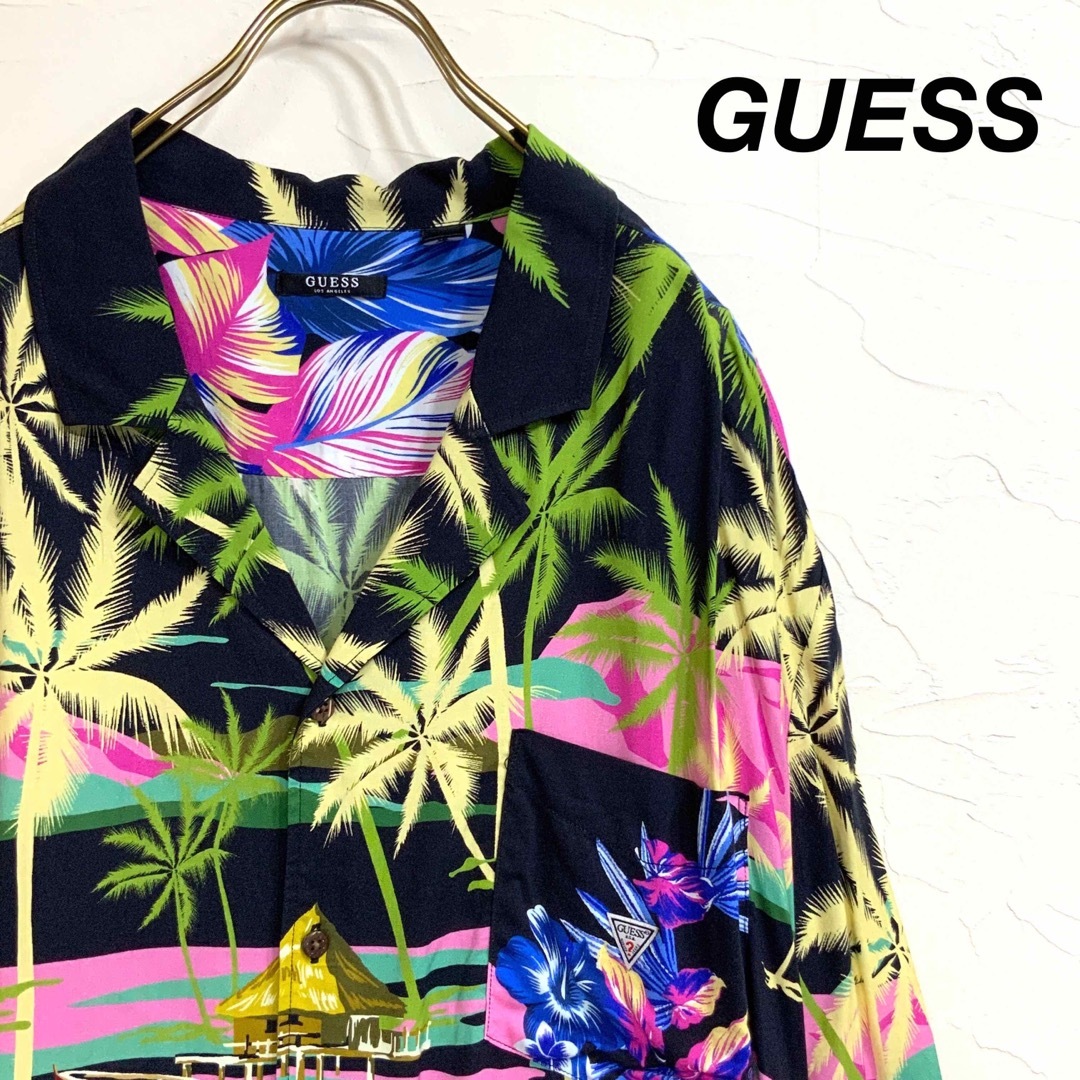 極美品 GUESS 希少 ホリゾンタルパターン レーヨン アロハシャツ古着