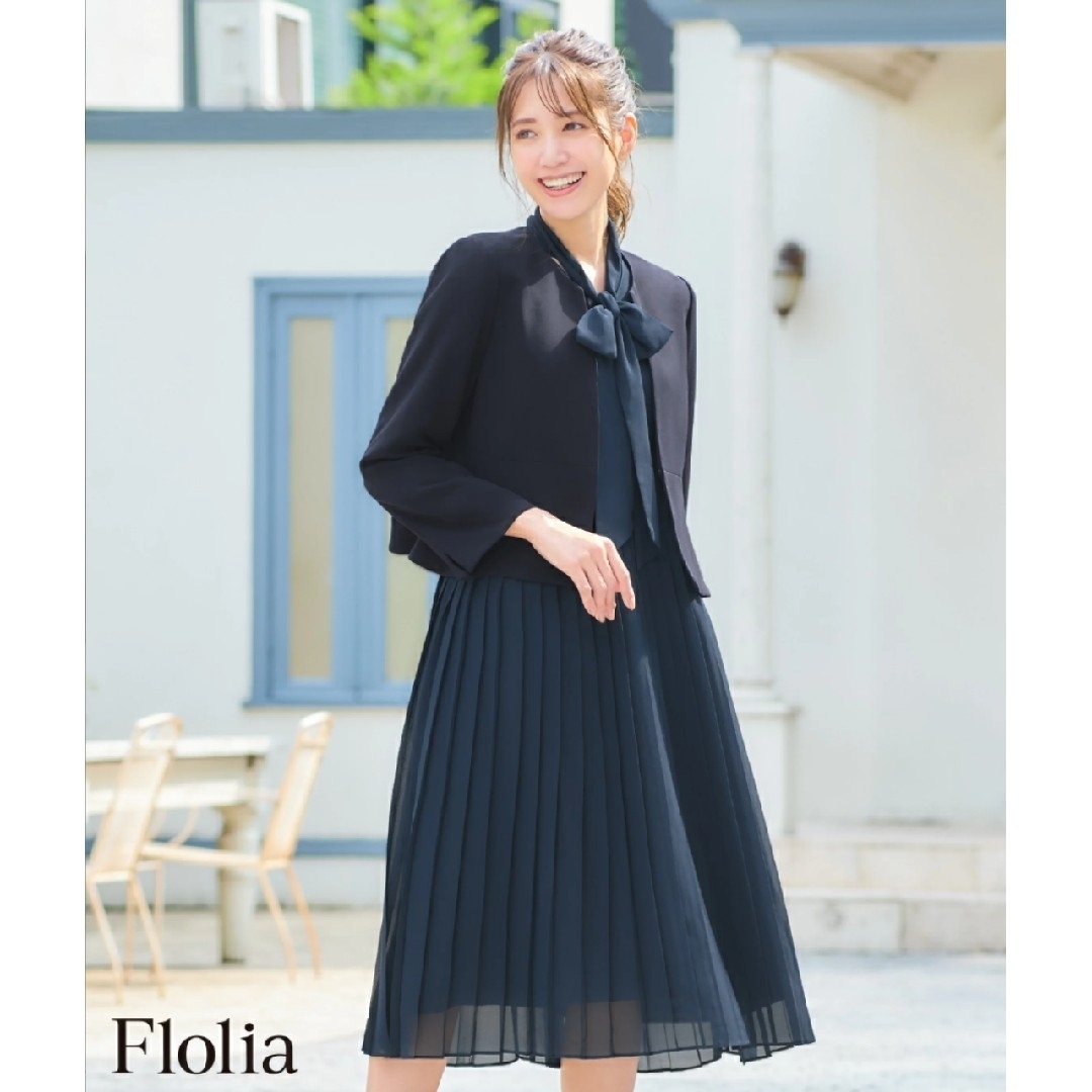 Flolia - ノーカラージャケットとシフォンワンピースの2点セットアップ