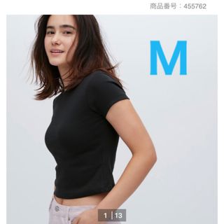 ユニクロ(UNIQLO)の新品　ユニクロ　ミニT　ブラック　M 黒　チビT リブ トップス プルオーバー(Tシャツ(半袖/袖なし))