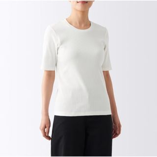 ムジルシリョウヒン(MUJI (無印良品))の無印 カットソー ストレッチ リブ編み クルーネック 五分袖Ｔシャツ(Tシャツ(半袖/袖なし))