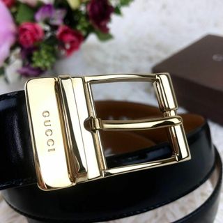 美品】箱付き GUCCI グッチ ベルト レザー ブラック 金具 男女兼用-